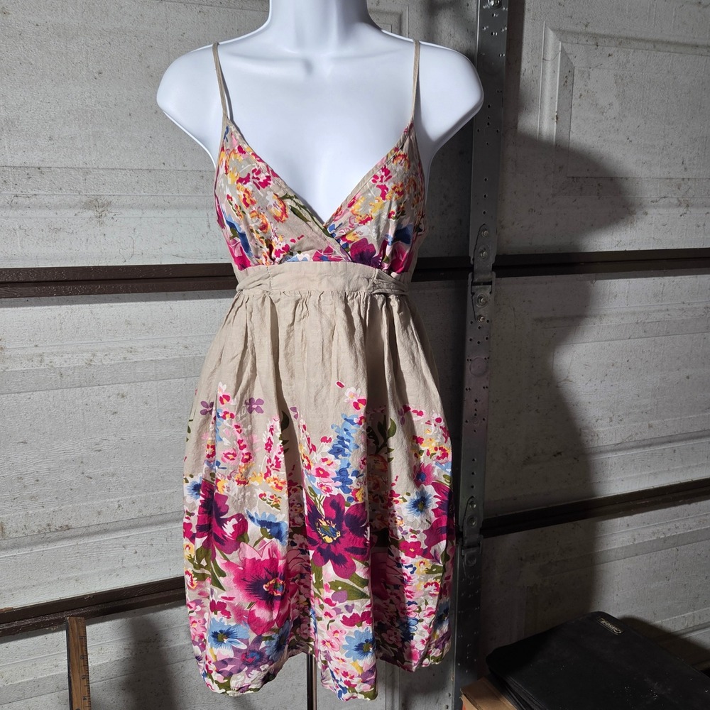 Dots Floral Sun Dress Tan Pink Blue V-Neck Smocked Back Mini Dress Womens Size M